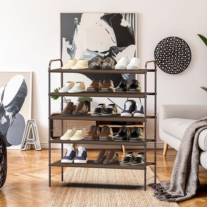 Simple Houseware 5-Tier Shoe Rack Storage Organizer, Bronze | 600D polyester light studry shoe organizer