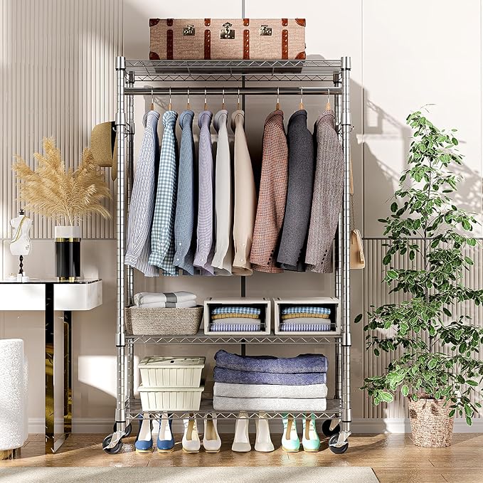M MZG Heavy Duty Rolling Garment Rack 3 Tiers Adjustable Wire Shelving Clothes Rack with Rods and Side Hooks,Storage Closet Clothing Rack with Wheels Chrome 15.7" D x 29.5" W x 74.5" H