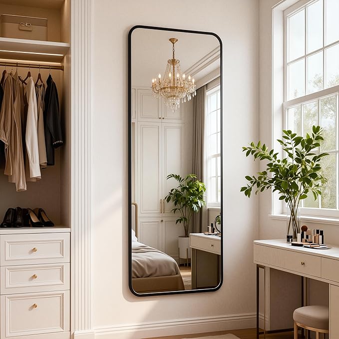 Antok 49''x 15''Full Length Mirror Over Door, 4-in-1 Standing Leaning Wall Mounted, Adjustable Hanging Mirror for Bedroom Living Room, Black, Rounded Corner