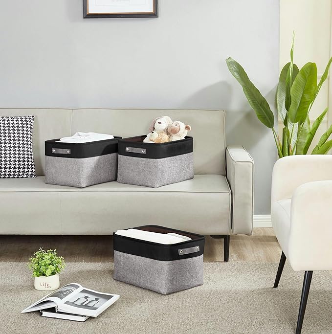 DECOMOMO Storage Bins, Large Fabric Storage Baskets for Shelves, Decorative Linen Closet Organizer, 15 x 11 x 9.5 inches (Grey & Black, 3 Pack)