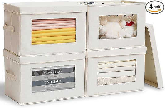 4-Pack Storage Bins with Lids, Fabric Foldable Storage Bins with Soft Cord Handles, Cube Closet Storage Baskets with Lids, Organizers for Organizing Clothes and Books, Beige