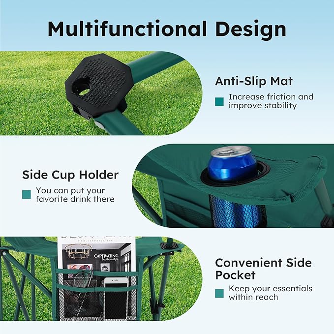 ALPHA CAMP Camping Chairs 350LBS Capacity, Heavy Duty Folding Chair with 4-Can Cooler Bag, Portable Outdoor Chair with Cup Holder for Adults, Collapsible for Tailgating, Beach, Fishing