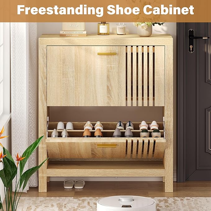 knoworld Shoe Storage Cabinet for Entryway with 2 Flip Drawers, 31.5" Narrow Fluted Shoe Organizer Cabinet, Slim Wooden Shoe Cabinet, Freestanding Hidden Shoe Cabinet for Entrance, Hallway (Natural)