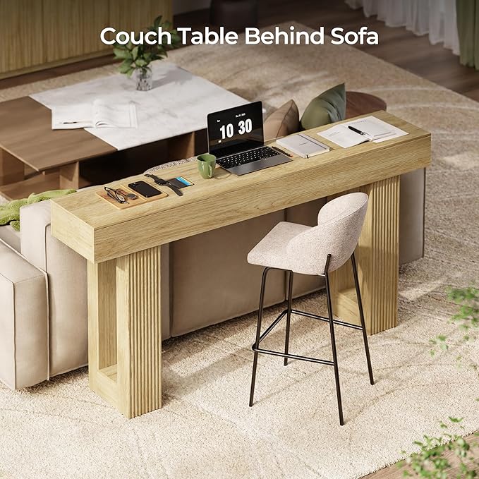 63" L x 33" H x 12" D Fluted Console Table, Modern Japandi Ribbed Entryway Table, Extra Long Sofa Table Behind Couch, Chunky Wood Hallway Table for Living Room, Oak Natural