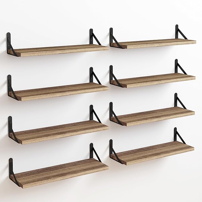 Fixwal Shelves for Room Wall, Width 4.75in Rustic Wood Wall Storage, Floating Shelves for Bedroom, Living Room, Kitchen, Bathroom, Office Decor and Plants Display (Set of 8 Carbonized Black)