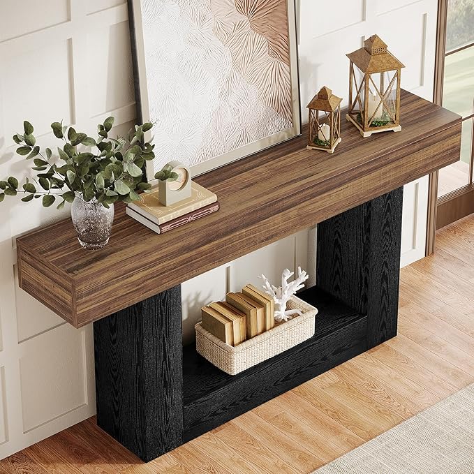 Tribesigns 63-Inch Long Console Table, 2-Tier Entryway Table Sofa Table with Storage, Farmhouse Wood Behind Couch Table for Living Room, Hallway, Rustic Brown & Black