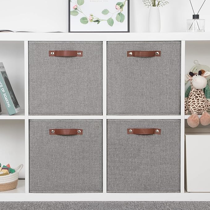 Temary Fabric Storage Cubes - 13 x 13 Collapsible Bins with Handles for Home Organization (Gray)