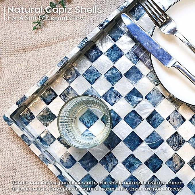 CHI AN HOME 15.8" x 11.8" Decorative Rectangular Tray with Natural Capiz Shells, Checkered Tray with Handles, Serving Tray for Ottoman, Coffee Table, Kitchen Counter Home Decor (Navy Blue)