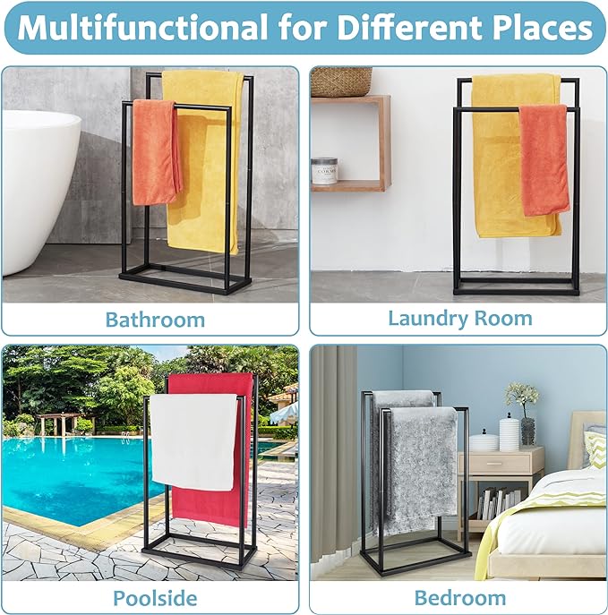 Free Standing Towel Rack, 2 Tier Towel Racks for Bathroom with Storage Shelves, Modern Outdoor Standing Towel Drying Rack for Poolside, Black Blanket Rack Holder, DECLUTTR