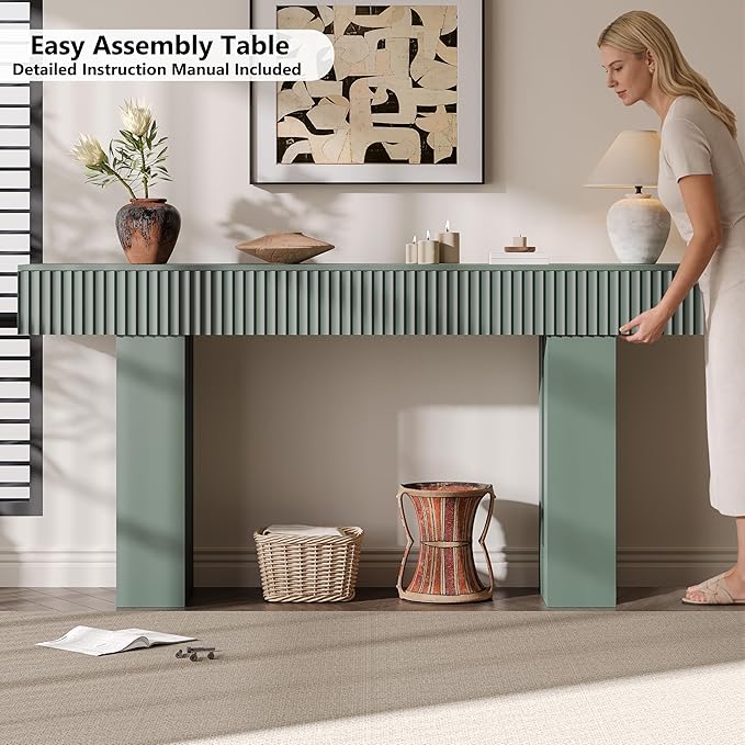 63-Inch Long Entryway Console Table with a Fluted Design, Thick Wood Farmhouse Sofa Table Behind Couch, Narrow Hallway Accent Table for Living Room, Foyer, Entrance,Green