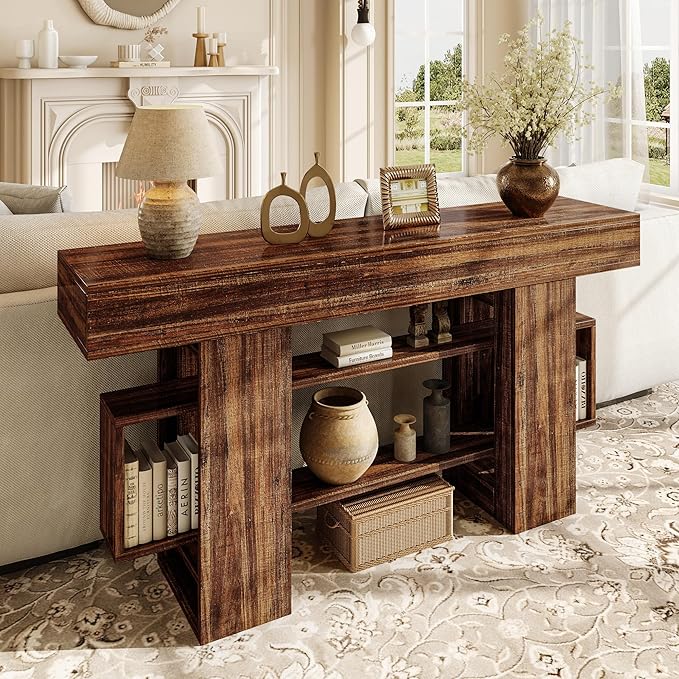 Einhomn 63 Inches Entryway Table, Wooden Console Table with Storage, Narrow Sofa Table Behind Couch, Farmhouse Long Entry Hallway Tables for Entrance, Foyer, Living Room, Rustic Brown