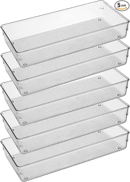 5 Pack Clear Plastic Drawer Organizer Tray Cutlery Utensil Makeups Drawer Silverware Organizers 12" X 6"