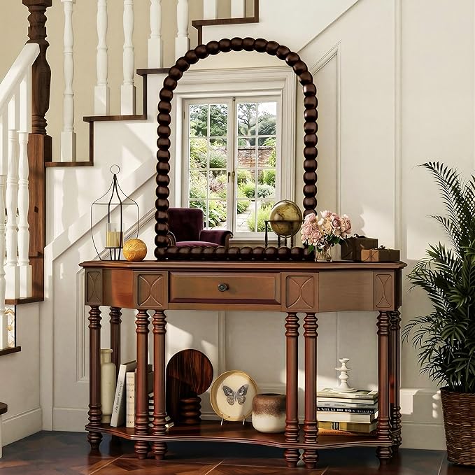 30"×38" Bronze Arched Bathroom Vanity Mirror, Vintage Beaded Decorative Wall Mounted Makeup Mirror, as Wall Decor Hanging Leaning for Fireplace Mantle, Living Room, Bedroom, Vanity Area