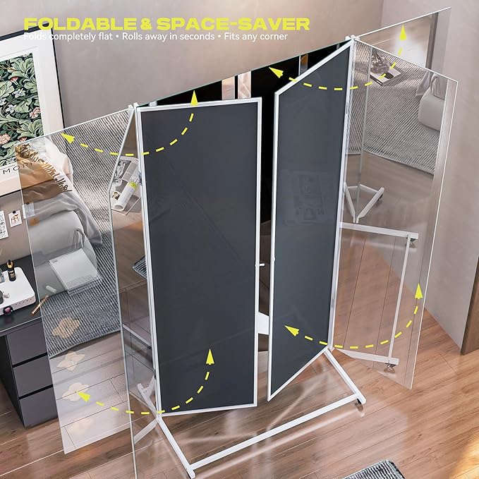 Hasipu Large Full Length Rolling Mirror - 71"×71" Tri-Fold Full Body and Tempered Glass Movable Home Gym Mirror on Wheels with Stand for Gym, Dance Studio, Fitness Room, and Home