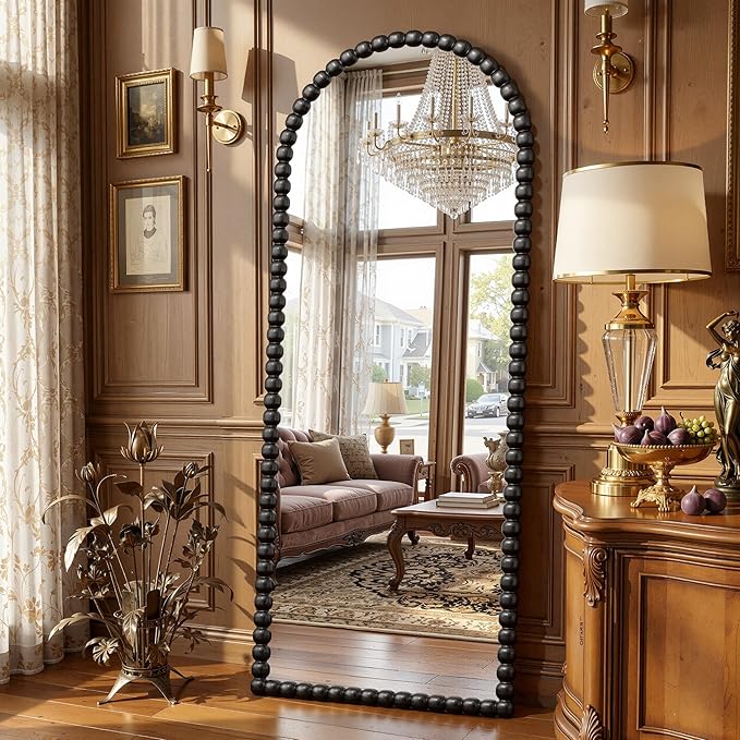 Antok 58" x 21" Arched Full Length Mirror, Antique Beaded Frame Floor Standing or Wall Mounted Mirror with Stand for Bedroom, Entryway, Black, Luxury Style