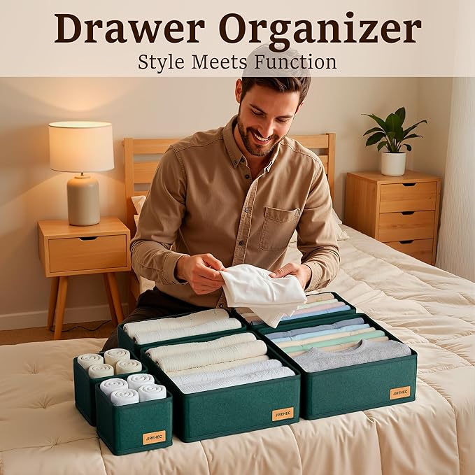 Clothes Organizer, Transform Your Drawers in Seconds - Green Set of 6 Foldable Storage Boxes with Zipper, Durable 600D Fabric, Includes Fragrance Sachets, Ideal for Underwear, Socks, Baby Clothes