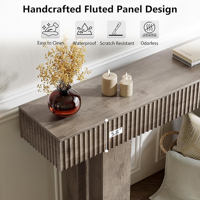 63-Inch Long Entryway Console Table with a Fluted Design, Thick Wood Farmhouse Sofa Table Behind Couch, Narrow Hallway Accent Table for Living Room, Foyer, Entrance,Grey