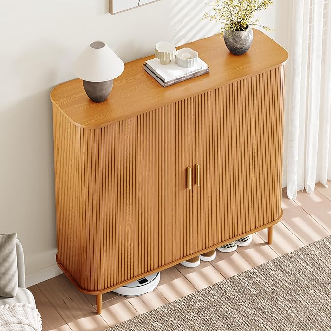 DHH Shoe Storage Cabinet with Sliding Door, 6-Tier Shoe Cabinet with Adjustable Shelves, Mid-Century Modern Freestanding Shoe Storage Organizer for Entryway, Hallway, Living Room (Wood, 47 ")