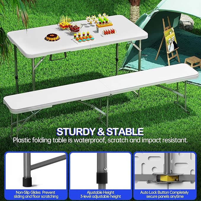 Folding Table 4 Foot for Indoor Outdoor, Portable Heavy Duty Fold-in-Half Utility Small Plastic Adjustable Height Folding with Carrying Handle for Picnic and Party, White (White, 4 FT - 2 PACK)