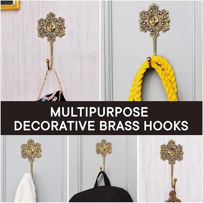 Indian Shelf 33Lb. 3 Pieces Decorative Gold Sunflower Hooks Brass Wall Key Holder Vintage Golden Home Decor Sun Wall Coat Hook