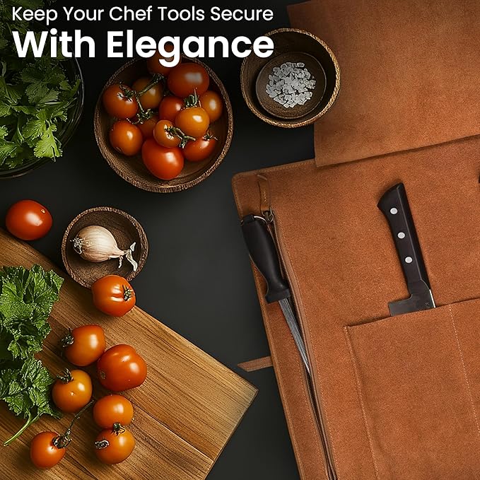 LEATHER VILLAGE Genuine Leather Knife Roll Bag – Professional Chef Carrying Case, Durable Sheath Holder, Cooks & Culinary Tools Organizer, Portable Travel Storage with 4 Slots & Zipper - Tan