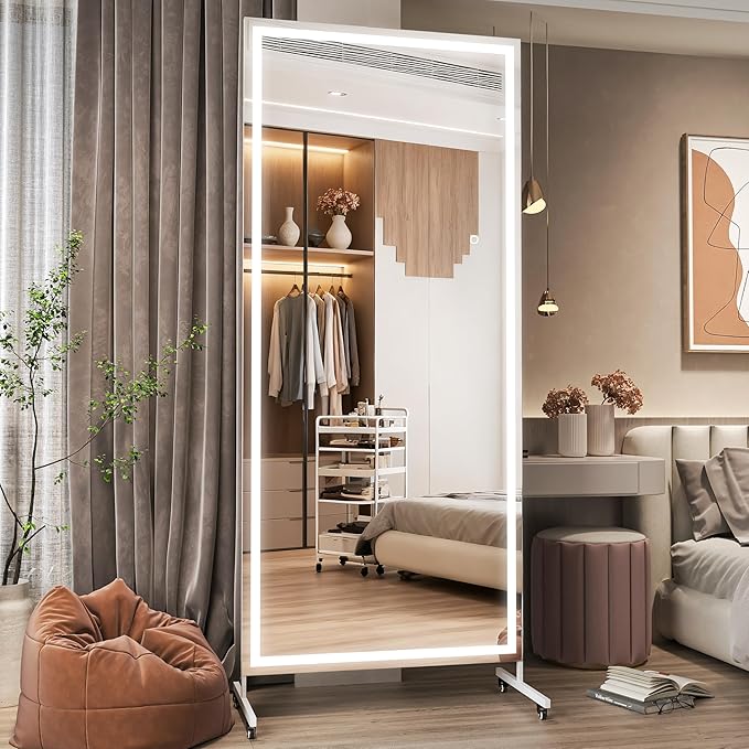 Hasipu 75" x 32" Full Length Mirror on Wheels with LED Light — Dimmable Warm/Natural/Cool, Shatterproof Tempered Glass, Wall Mountable, Rolling Dressing Mirror for Home Gym, Makeup, Yoga, Studio