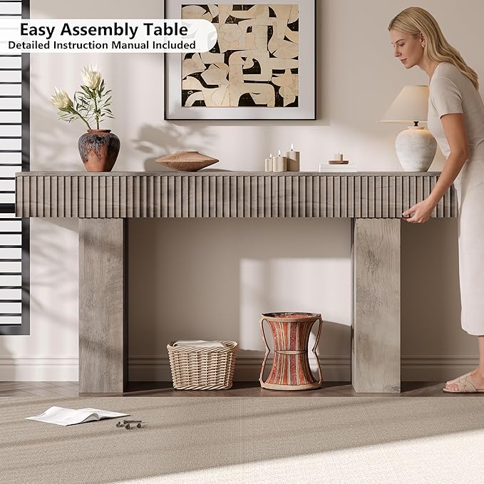 63-Inch Long Entryway Console Table with a Fluted Design, Thick Wood Farmhouse Sofa Table Behind Couch, Narrow Hallway Accent Table for Living Room, Foyer, Entrance,Grey