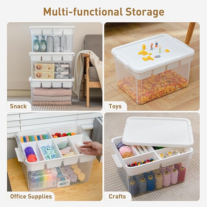 Citylife 32 QT Stackable Toy Storage with Building Baseplate Lid and Removable Tray Tool Box Organizer Storage Bins with Lids for Organizing Bead, Tool, Sewing, 4 Packs
