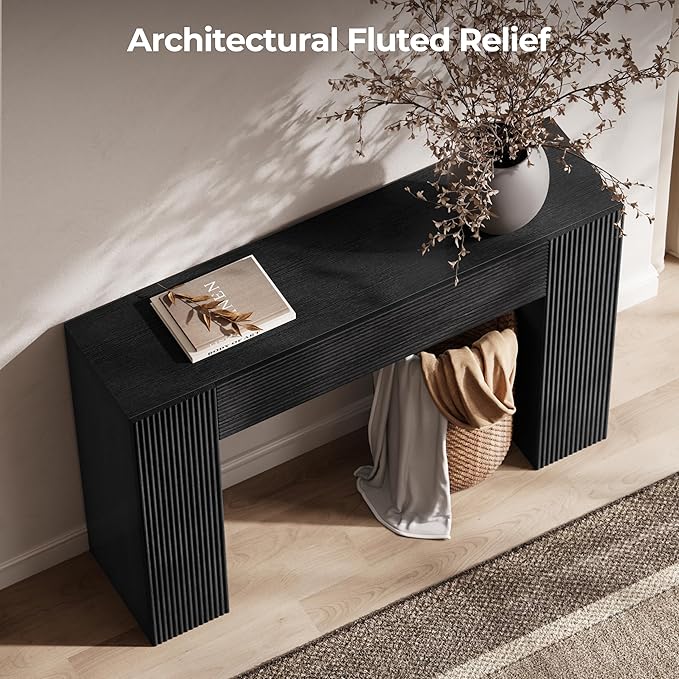 43" Fluted Mid Century Modern Narrow Console Table with Storage, Farmhouse Skinny Entryway Table, Small Entry Table & Storage Cabinet, Sofa Table Behind Couch for Living Room, Hallway, Entrance, Black