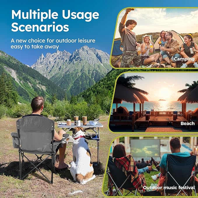 ALPHA CAMP Camping Chairs 350LBS Capacity, Heavy Duty Folding Chair with 4-Can Cooler Bag, Portable Outdoor Chair with Cup Holder for Adults, Collapsible for Tailgating, Beach, Fishing