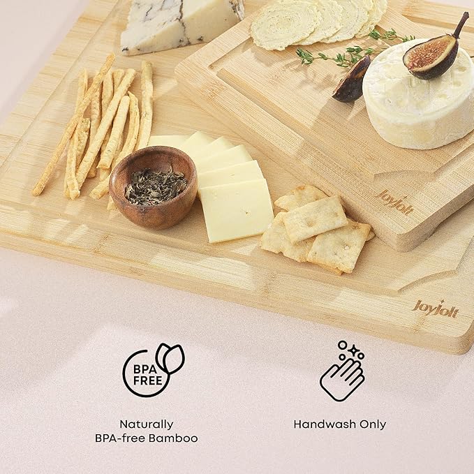 JoyJolt Bamboo Cutting Boards - Large & Small Wooden Board - Serving Cheese, Bread or Chopping Boards. Non-Slip