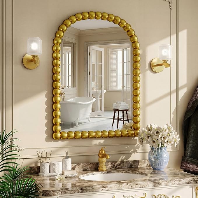 30"×38" Gold Arched Bathroom Vanity Mirror, Vintage Beaded Decorative Wall Mounted Makeup Mirror, as Wall Decor Hanging Leaning for Fireplace Mantle, Living Room, Bedroom, Vanity Area