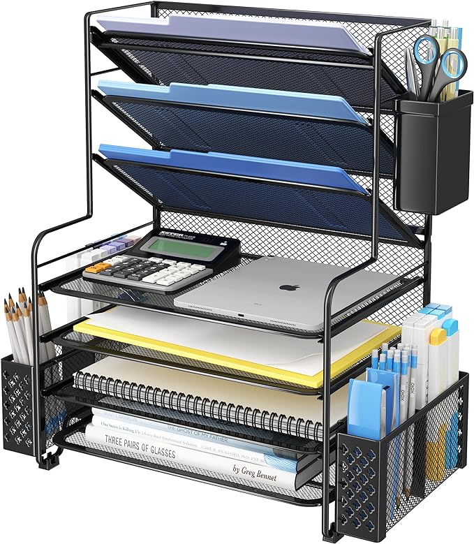 Simple Trending 7 Tier Desk File Organizer, Letter Tray Paper Organizer with Pen Holder and Metal Hanging Basket, Black