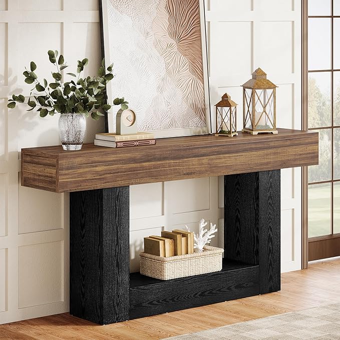 Tribesigns 63-Inch Long Console Table, 2-Tier Entryway Table Sofa Table with Storage, Farmhouse Wood Behind Couch Table for Living Room, Hallway, Rustic Brown & Black
