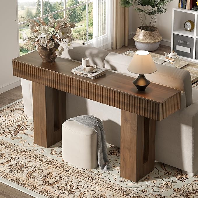 63-Inch Long Entryway Console Table with a Fluted Design, Thick Wood Farmhouse Sofa Table Behind Couch, Narrow Hallway Accent Table for Living Room, Foyer, Entrance,Modern Walnut