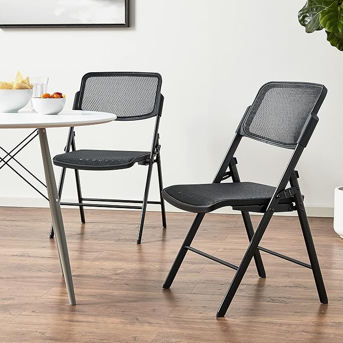 Office Star Deluxe Breathable ProGrid Seat and Back Folding Chair 2-Pack, Black Finish Frame