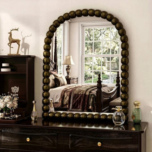 22"×30" Bronze Arched Bathroom Vanity Mirror, Vintage Beaded Decorative Wall Mounted Makeup Mirror, as Wall Decor Hanging Leaning for Fireplace Mantle, Living Room, Bedroom, Vanity Area