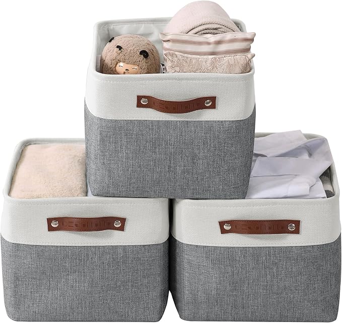 DECOMOMO Storage Bins, Large Fabric Storage Baskets for Shelves, Decorative Linen Closet Organizer, 15 x 11 x 9.5 inches (Slate Grey & White, 3 Pack)