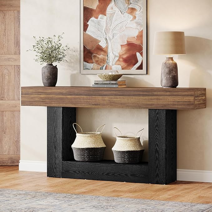 Tribesigns 63-Inch Long Console Table, 2-Tier Entryway Table Sofa Table with Storage, Farmhouse Wood Behind Couch Table for Living Room, Hallway, Rustic Brown & Black