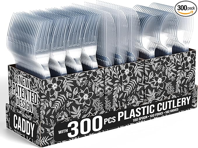 Exquisite Utensil Caddy Organizer with Clear Plastic Forks and Spoons & Knives Floral Kitchen Utensil Holder for Party with 3 x 100 Plastic Spoons and Forks Disposable Knives Clear Cutlery Set