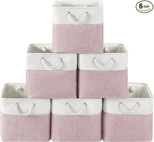 13 x 13 Inch Cube Storage Bins, 6 Pack Fabric Storage Basket with Handles, Foldable Boxes Organizer for Shelf Baskets for Home, Clothes (White/Pink)