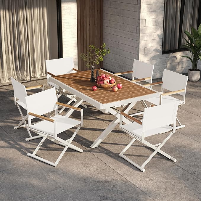 Grand patio 7-Piece Outdoor Dining Set, 6 Extra-Wide Folding Chairs & 1 Rectangle Expandable Table for 6-8 Person, Sling Mesh Patio Chairs with Wood Grain Table for Yard, Poolside, Deck, Apricot