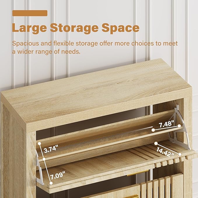 knoworld Shoe Storage Cabinet for Entryway with 2 Flip Drawers, 31.5" Narrow Fluted Shoe Organizer Cabinet, Slim Wooden Shoe Cabinet, Freestanding Hidden Shoe Cabinet for Entrance, Hallway (Natural)