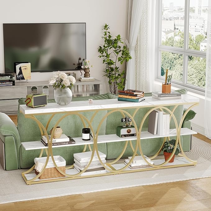Garvee 39" Narrow Console Tables for Entryway, Industrial 3-Tier Sofa Table with Round Metal Base and Storage Shelves for Living Room, Hallway, Foyer, Gold and White Marble