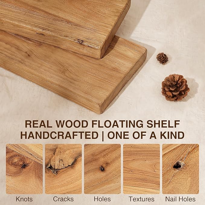 Dreamland 24" Rustic Elm Wood Floating Shelves, 8 Inch Deep Wall Shelves, Wall Mounted Floating Shelf with Invisible Bracket, Heavy-Duty Display Shelf - for Living Room, Kitchen, Bathroom, Set of 2
