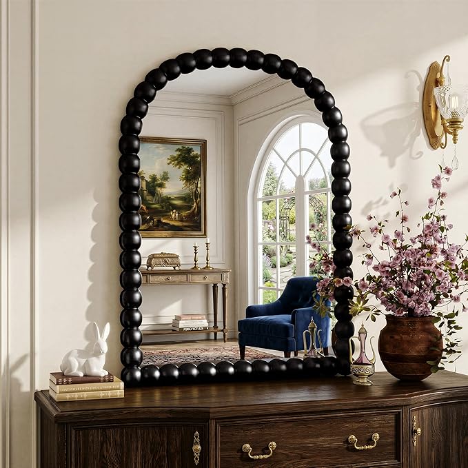 30"×38" Black Arched Bathroom Vanity Mirror, Vintage Beaded Decorative Wall Mounted Makeup Mirror, as Wall Decor Hanging Leaning for Fireplace Mantle, Living Room, Bedroom, Vanity Area