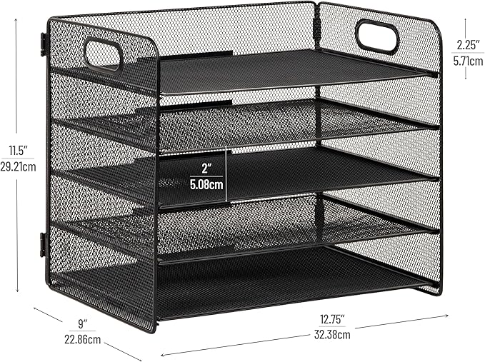 Mind Reader 5 Tier Paper Tray Desktop Organizer, Removable Shelves, Cut-Out Handles, Tool-Free Assembly, Metal Mesh, Black