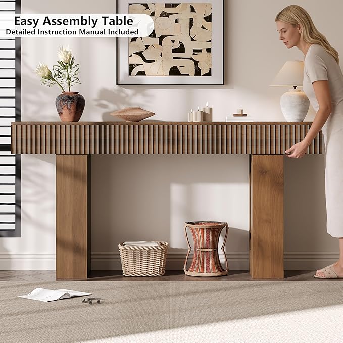 60-Inch Long Entryway Table with Built-in Power Outlet and App & Button-Controlled RGB Light, Thick Wood Farmhouse Console Table for Behind Sofa, Narrow Hallway, Living Room, Foyer, Entrance, Walnut