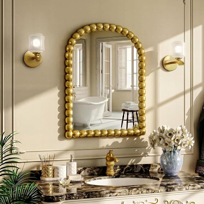 22"×30" Gold Arched Bathroom Vanity Mirror, Vintage Beaded Decorative Wall Mounted Makeup Mirror, as Wall Decor Hanging Leaning for Fireplace Mantle, Living Room, Bedroom, Vanity Area