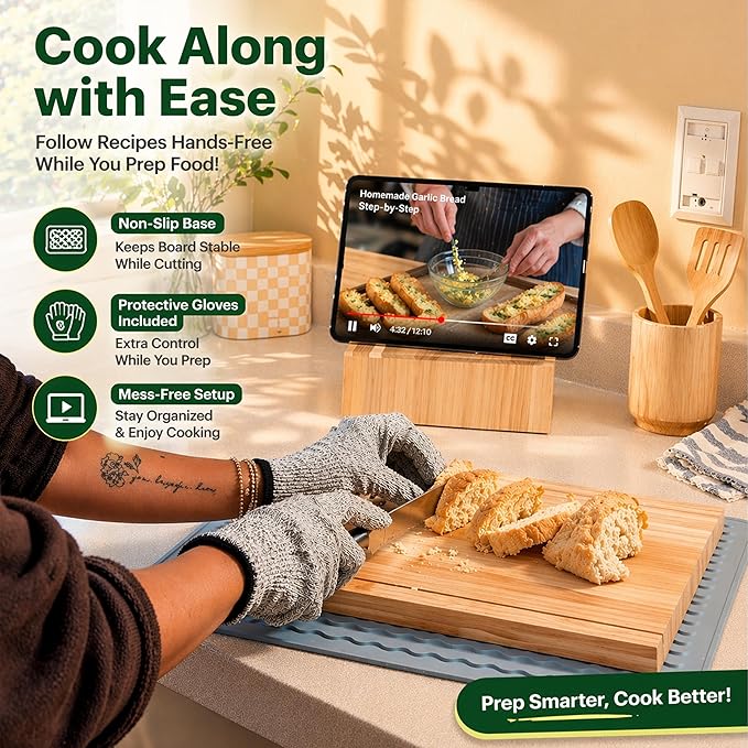 Acacia Wood Book Cutting Board Set with Stand, Wooden Cutting Boards That Look Like Books for Hands-Free Recipe Viewing, Beginner Cooking, Breakfast Prep, Family Meals & Housewarming Gift